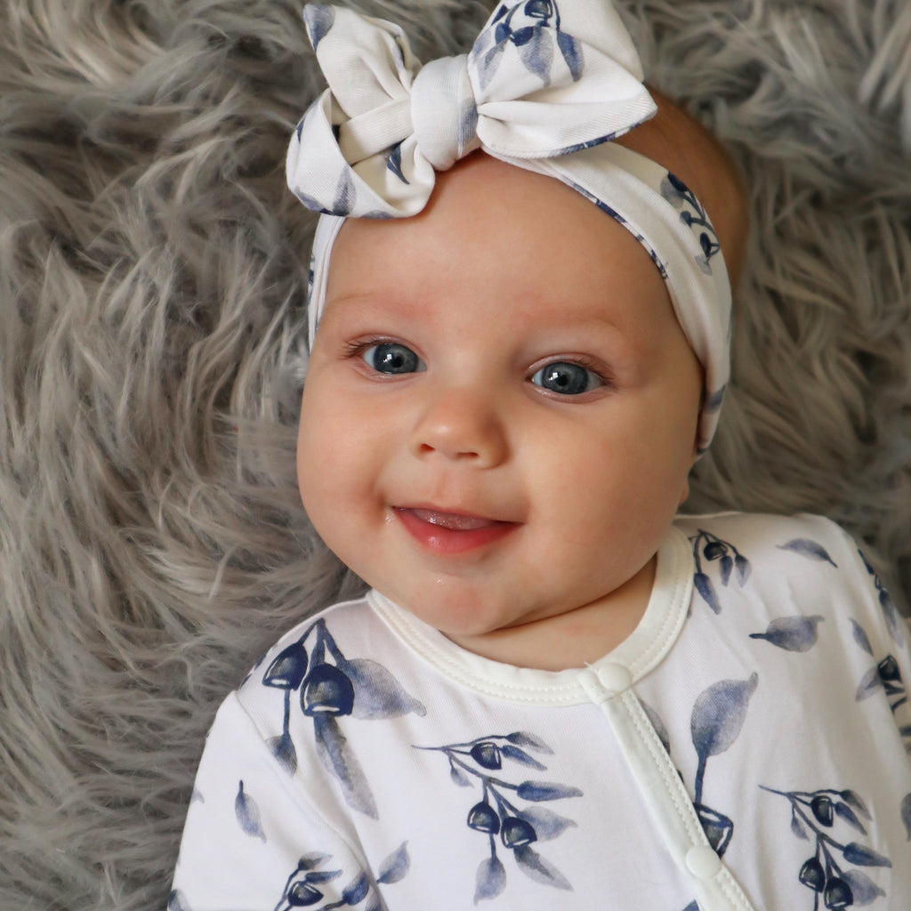 organic bamboo romper with matching bow gum nut designed in tasmania